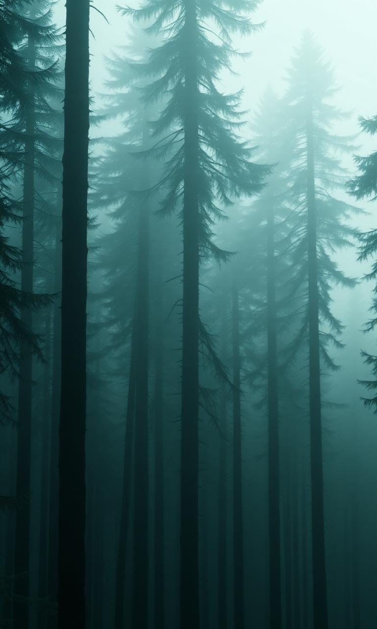 Misty plantation forest at dawn